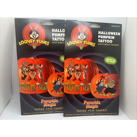 2 Looney Tunes Halloween Pumpkin Tattoo Multi Surface Transfer Bugs Bunny & Taz - Picture 1 of 4